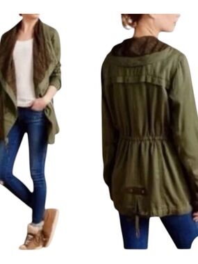 Anthropologie Etta Lace Trim Layered Olive Green M Military Anorak Jacket